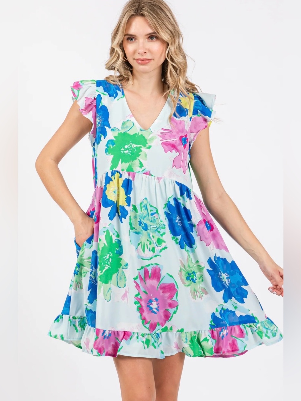 JODIFL Pastel Floral Ruffle Sleeve Dress - Blue, Pink & Green - Picture 1 of 5